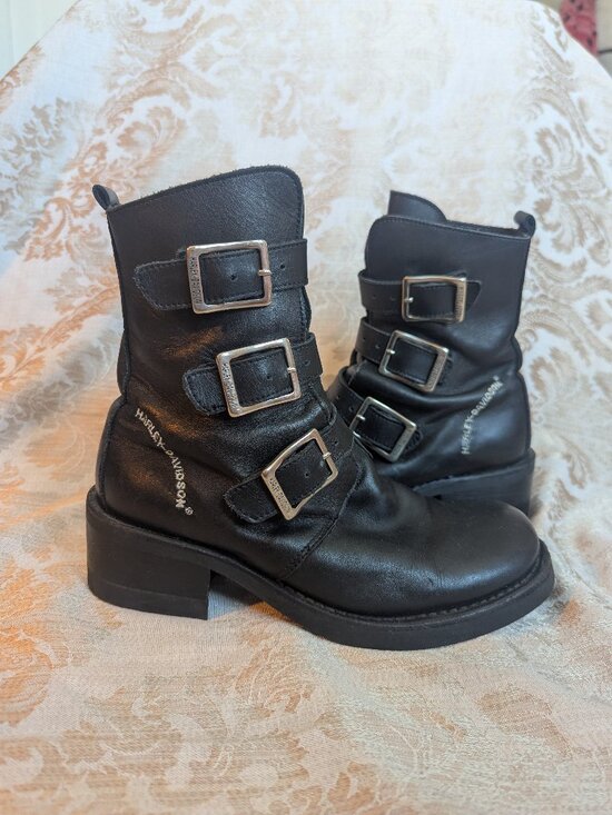 Harley-Davidson Shoes - Harley Davidson Motorcycle Black Leather Multi Strap Buckle Square Toe Boots 6.5